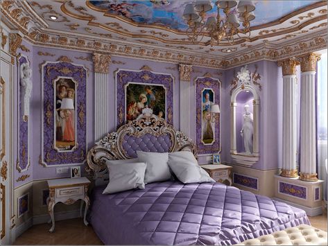 Purple Victorian Room, Purple Royal Bedroom, French Chateau Interiors Bedrooms, Purple Victorian Bedroom, Royal Purple Bedroom, Royal Purple Bedrooms, French Victorian Bedroom, Victorian Bedroom Aesthetic, Light Purple Bedroom