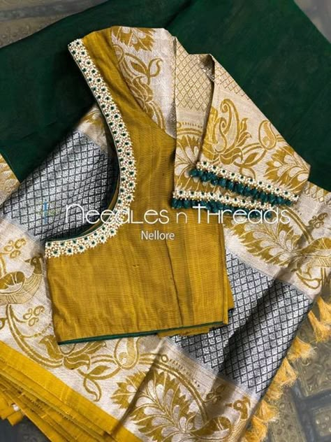 Mustard Blouse, Silk Saree Blouse Designs Patterns, Mirror Work Blouse Design, Blouse Designs High Neck, Saree Blouse Neck Designs, Maggam Works, Blouse Embroidery, New Blouse Designs, Wedding Blouse Designs