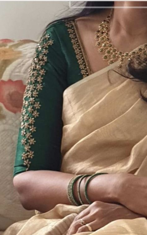 Embroidery Blouse For Silk Saree, Gold Saree With Green Blouse, Gold Color Pattu Sarees, Green Blouse Designs For Saree Silk, Simple Sleeves Design For Blouse, Aari Sleeve Designs, Green Blouse Designs For Saree Bridal, Gold Saree Blouse Design, Blouse Embroidery Designs Silk