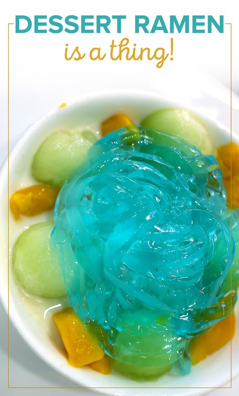 Ramen gets a dessert upgrade with jelly noodles. Fruit Cold Noodles, Jelly Noodle Recipe, Fruit Noodles, Jelly Noodles, Japanese Glass Noodle Recipes, Chinese Jelly Desserts, Japanese Jelly Dessert, Unflavored Gelatin Recipes Desserts, How To Make Jello