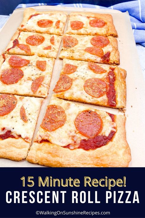 Dinner is ready in 15 minutes when you're making pizza with crescent rolls. A light, crispy shortcut recipe w/your favorite toppings. Crescent Pizza Recipes, Pizza With Crescent Rolls, Crescent Dough Sheet Recipes, Crescent Pizza, Easy Crescent Roll Recipes, Crescent Roll Recipes Dinner, Recipes Using Crescent Rolls, Crescent Dough Sheet, Crescent Roll Pizza