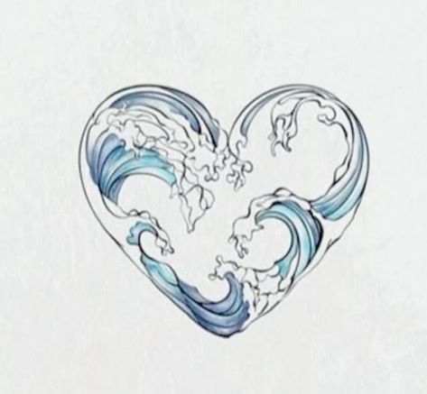 Heart Wave Tattoo The Ocean, Ocean Wave Heart Tattoo, Water Heart Tattoo, Ocean Heart Tattoo, Ocean Aesthetic Tattoo, Tattoo Mar Ocean, Ocean Flower Tattoo, Ocean Inspired Tattoos, Beachy Tattoos