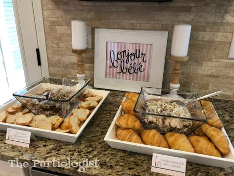 The Partiologist: Paris Themed Party! Paris Themed Party, Chicken Crepes, French Potato Salad, Paris Themed Birthday Party, French Potatoes, Coconut Truffles, Cream Cheese Mints, Treat Stand, Party Food Themes