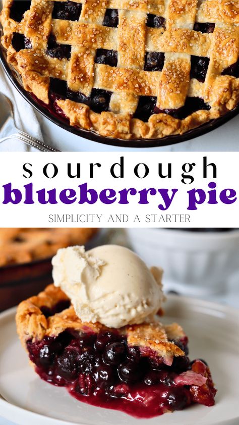 This delicious Sourdough Blueberry Pie recipe is like summertime in a bite! Plump, fresh blueberries nestled in a buttery, flaky sourdough pie crust. Such an easy fruity treat to enjoy all summer long! Sourdough Cherry Pie, Sourdough Pie Crust Recipe, Sourdough Pie Crust, Sourdough English Muffin Recipe, Sourdough Blueberry, Blueberry Pie Recipe, Recipe Using Sourdough Starter, Types Of Pie, Fruity Treats