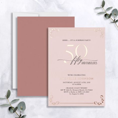 $3.95 | Surprise 50 & Fabulous Pink Rose Gold Birthday #rose gold foil, 50th birthday invitations, 50 and fabulous, typography, pink, elegant, calligraphy, 50th birthday, modern, fifty Calligraphy Birthday, Surprise 50th, Rose Gold Birthday, Surprise Birthday Invitations, 80th Birthday Invitations, Number 50, Rose Gold Invitations, Birthday Roses, 50 & Fabulous