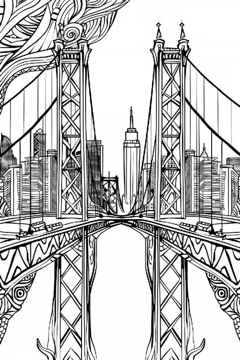 Tattoo idea: tattoo A narrow bridge spans a seren 4 Bridge Tattoo Ideas, Brooklyn Bridge Tattoo, Brooklyn Bridge Tattoo Design, Fine Line Bridge Tattoo, New Orleans Skyline Tattoo, Verrazano Bridge Tattoo, Bridge Tattoo, Symmetrical Tattoo, Skyline Tattoo