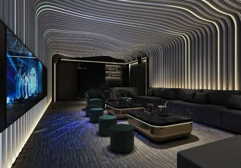 Karaoke Room Design, Ceiling Library, Cinema House, Billiards Room Decor, Karaoke Room, Billiards Room, Bar Design Awards, Interior Ceiling Design, Entrance Lobby