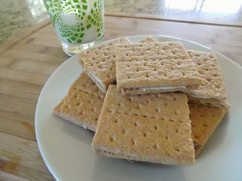 These treats were something that my other grandma made me for a snack when… Graham Cracker Yogurt Snack, Grandmas Chew Bread, Home Made Gram Crackers, Homemade Gram Crackers, School Bus Snack Graham Crackers, Graham Cracker Treats, Graham Cracker Snacks, Healthy Frosting, Super Healthy Snacks