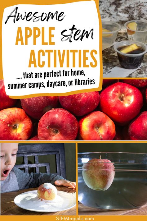 Try some STEM activities with apples! Test if apples sink or float, engineer a structure with apple slices, or use apple counting as a math activity. These apple STEM activities combine sensory play and problem-solving, making them perfect for young learners. Ideal for fall science themes, these experiments engage kids with hands-on learning and are great for classrooms or homeschooling. 🍏📚 Science Stem Activities For Kids, Stem Food Activities, Apple Stem Activities, Easy Experiments, Apple Counting, Apple Science Experiments, Fun Experiments For Kids, Fun Experiments, Stem Activities Preschool