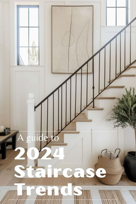 Staircases are tricky spaces with the mix of railings, posts and the staircase. Read this for all the considerations of a stairway Stair Railing Remodel Diy, Stair Railing Update Ideas, 90s Staircase Remodel, Modernizing Stair Railing, Black And White Staircase Ideas, Open Loft Staircase Ideas, U Shaped Stairs With Landing, Diy Stair Remodel, Staircase Ledge Decor