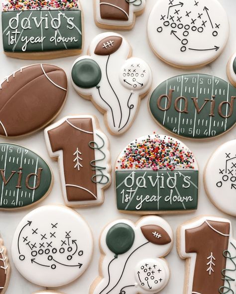 Happy Super Bowl Sunday 🏈 Who are you rooting for?! #cookies #njcookies #cookiesofinstagram #decoratedsugarcookies #birthdaycookies… | Instagram 1st Year Down Football Cookies, 1st Birthday Football Cookies, First Year Down Football Birthday Cookies, Born 2 Ball Cookies, First Down Cookies, First Birthday Football Cookies, First Down Birthday Cookies, Boy 1st Birthday Themes Ideas, First Year Down Cookies