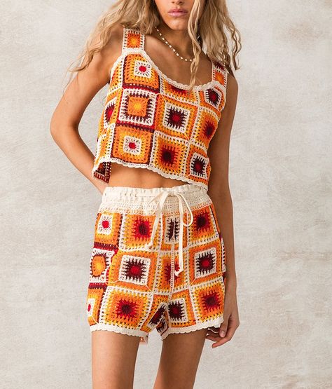 33 Coastal Granny Square Short - Orange Medium/Shortie 1-3, Women's Redorange High rise crochet lined 2 shortie short Elasticized cinch tie waistband. 60% Cotton 40% Polyester. Hand wash cold water. No bleach. Dry flat. No iron. Dry clean. Apparel & Accessories > Clothing > Shorts Granny Square Shorts Pattern, Granny Square Outfit, Granny Square Shorts, White Crochet Shirt, Coastal Granny, Crochet Granny Square Tutorial, Granny Square Projects, Tank Top Pattern, Crochet Collection