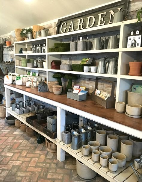 Small Store Display Ideas, Garden Workbench, Market Shelves, Magnolia Store, Magnolia Market Waco, Magnolia Market Joanna Gaines, Magnolia Fixer Upper, Open Bookshelf, Brick Store