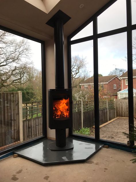 Log Burner Photo Gallery - The Cosy Stove Company Hanging Wood Burner, Open Log Burner, Open Plan Log Burner, Free Standing Log Burner Ideas, Conservatory Wood Burner, Cosy Snug Room Ideas Log Burner, Log Burner In Conservatory, Logburners Fire Places, Cosy Conservatory Ideas