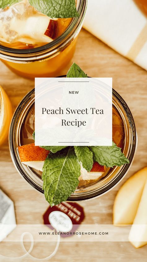 Let me show you how to make peach tea that combines the delicate flavors of peaches with the crispness of freshly brewed tea to create a quintessential summer beverage. Peach Mint Tea, Summer Teas, Peach Sweet Tea, Peach Leaves, Sweet Tea Recipe, Peach Iced Tea, Sweet Tea Recipes, Dried Peaches, Peach Ice Tea