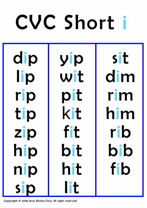 CVC Short i Short I Worksheets, Cvc Reading, Teaching Reading Skills, Phonics Chart, Preschool Activity Books, Phonics Cvc, Cvc Words Worksheets, Phonics Flashcards, Phonics For Kids
