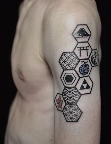 Gallery | Studio Muscat, Shibuya Tokyo Hexagon Sleeve Tattoo Design, Hexagon Neck Tattoo, Hexagon Tattoo Sleeve, 3d Hexagon Tattoo, Hexagon Tattoos, Hexagon Space Tattoo, Honeycomb Dotwork Tattoo, Technology Tattoo, Quilt Tattoo