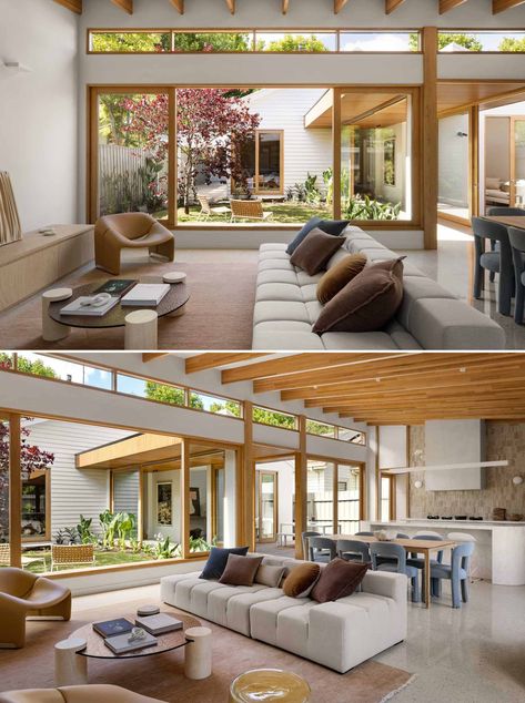 Clerestory Windows Add Natural Light Inside This New Addition To An Australian Home Cherry Moodboard, Inspiring Architecture, Selfie Filters, High Ceiling Living Room, Period Home, Outdoor Sitting Area, Internal Courtyard, Timber Beams, Clerestory Windows