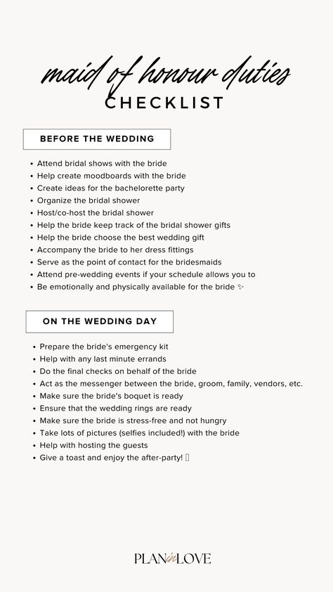 maid of honor duties | maid of honor duties checklist | bridal party coordination | maid of honor responsibilities  | wedding planning  | wedding day moments | wedding planning tools | wedding journey | wedding | plan in love Maid Of Honor Different Ideas, Made Of Honor Duties Checklist, Maid Of Honor Tasks, Maid Of Honor Day Of Duties, What Is The Maid Of Honor Responsible For, Maid Of Honour Checklist, Maid Of Honor List, Maid Of Honor Checklist Printable, Roles Of Maid Of Honor