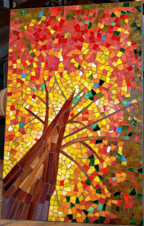 Fall Mosaic, Autumn Mosaic, Mosaic Trees, Tree Mosaic, Collage Landscape, Mosaic Art Diy, Paper Mosaic, Mosaic Garden Art, Mosaic Art Projects