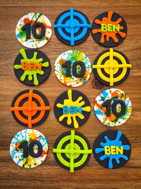 Paintball Party Cupcakes, Gellyball Birthday Cake, Laser Tag Cookies, Paintball Party Decorations, Gellyball Birthday Party Ideas, Laser Tag Cupcakes, Paintball Cookies, Gellyball Party, Paintball Party Ideas