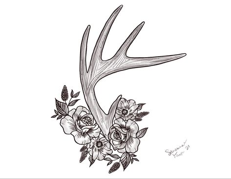 Antlers Flowers Tattoo, Deer Horns With Flowers Tattoo, Elk Antler Tattoo With Flowers, Deer Tattoos For Women Thigh, Antlers With Flowers Drawing, Antler Tattoos For Women With Flowers, Antler With Roses Tattoo, Antler Wrist Tattoo, Tattoo Ideas Female Hunting