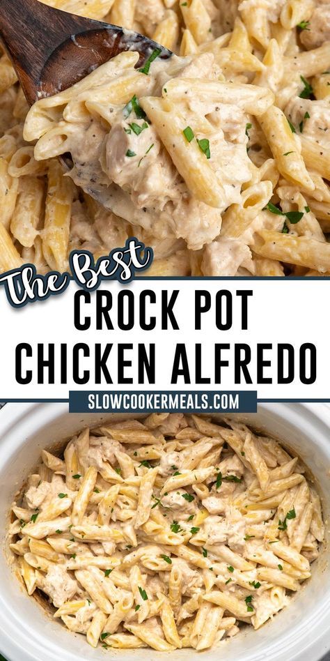 Crock Pot Chicken Alfredo is a no-fuss way to enjoy creamy pasta goodness for a quick and tasty weeknight dinner. Let your slow cooker do the work, and you'll have a flavorful Italian-inspired meal with chicken, cream, and Parmesan that's perfect for any night of the week! Crock Pot Alfredo Sauce, Crock Pot Alfredo Chicken, Alfredo Chicken Crockpot, Crockpot Alfredo Recipes, Chicken Alfredo Pasta Crockpot, Chicken Alfredo In Crockpot, Alfredo In Crockpot, Chicken Alfredo Crockpot Recipes, Crock Pot Alfredo