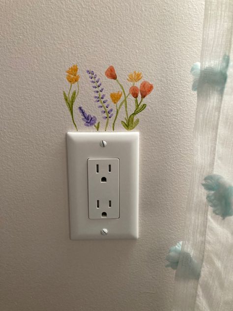 Painting Idea On Wall, Aesthetic Switchboard Painting, Mini Wall Paintings, Cute Wall Mural Ideas, Tiny Wall Painting Ideas, Cute Small Wall Paintings, Flower Wall Drawing Bedrooms, Shelve Painting Ideas, Small Wall Painting Ideas Aesthetic