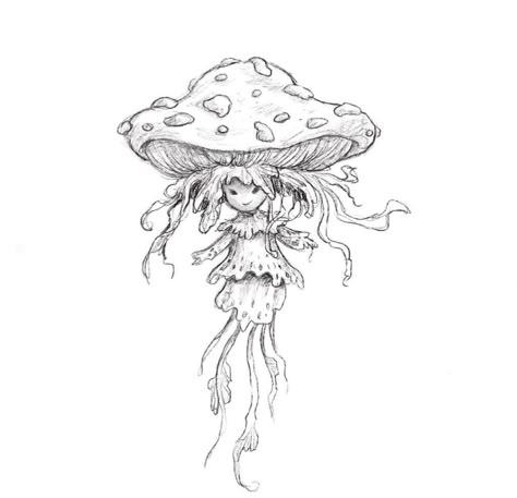 Mushroom Fairy Tattoo Design, Fantasy Mushroom Drawing, Big Mushroom Drawing, Fairy Sitting On Mushroom Drawing, Mushroom Hat Drawing, Magic Mushroom Drawing, Melting Mushroom, October Drawings, Cute Mushroom Drawing