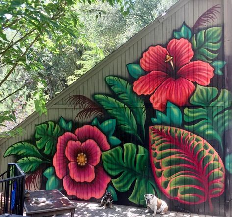 Tropical Mural Painting Outdoor, Hibiscus Mural, Spray Paint Mural, Lounge Mural, Rainforest Mural, Pool Mural, Tropical Mural, Unique Garden Art, Acrylic Painting Inspiration