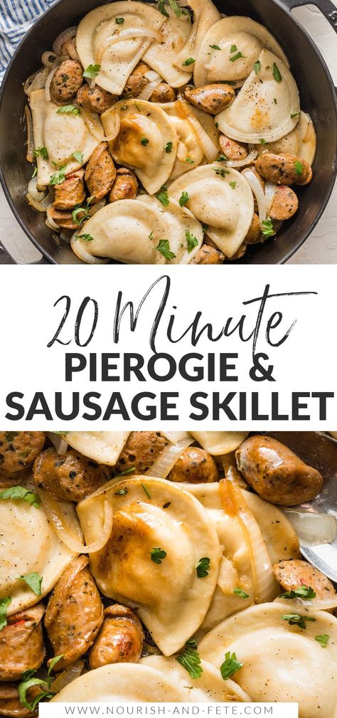 Conquer busy nights with this super easy skillet full of pierogies and sausage in a simple butter sauce. This can be done in about 20 minutes but is full of flavor and a quintessential crowd-pleaser. Serve with steamed veggies for an ultra-fast family dinner. Pierogi And Sausage Recipe, Pierogies And Sausage, Pierogies And Kielbasa, Fast Family Dinners, Sausage Skillet Recipe, Sausage Skillet, Steamed Veggies, Easy Skillet Meals, One Skillet Meals