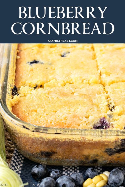 Blueberry Cornbread is a match made in heaven. Sweet, juicy blueberries and fresh summer corn kernels, plus tangy buttermilk and other ingredients all come together in a super-moist cornbread with loads of flavor! Blueberry Cornbread Jiffy, Cornbread Casserole Jiffy, Cornbread Dessert, Super Moist Cornbread, Blueberry Cornbread, Bacon Cornbread, Jiffy Cornbread Recipes, Cheesy Cornbread, Savory Cornbread