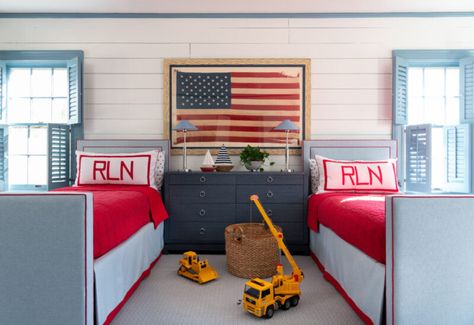 Americana Boy Room, Maine Farmhouse, Blue Boys Bedroom, Boys Room Blue, Casual Family Rooms, Childrens Rooms, Glam Pad, Boy Rooms, Coastal House