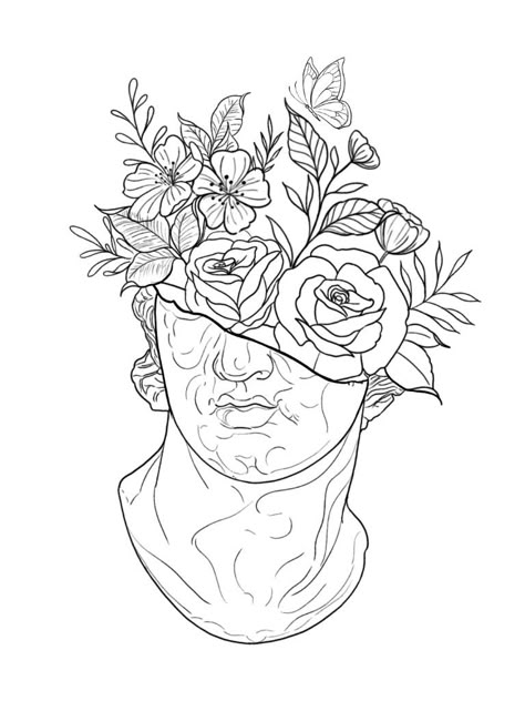 Greek Flower Tattoo, Statue Drawing Sketch, Flower Crown Drawing, Greek Drawing, Book Black And White, Greek God Tattoo, Illustration For Children, Pride Tattoo, Page Illustration