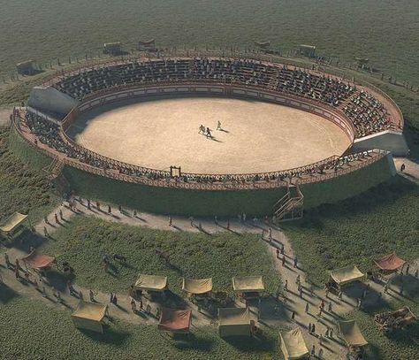 Reconstruction of the amphitheatre at Richborough roman fort, @simonelliott20 Roman Amphitheatre, Rome Empire, Gladiator Games, Roman Fort, Palace Gardens, Roman Warriors, Empire Romain, Palace Garden, Classical Antiquity