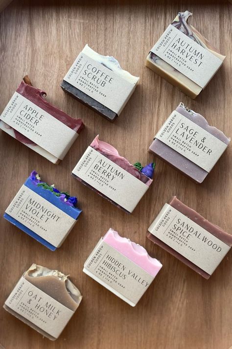 handmade soap bars, handmade exfoliating soap bars, coffee scrub, oat milk and honey soap, sage and lavender soap, sandalwood soap Luxury Soap Packaging, Organic Skincare Packaging, Bar Soap Packaging, Soap Packaging Diy, Soap Berries, Golden Arrow, Handmade Soap Recipes, Handmade Skincare, Soap Labels