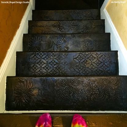 12 diy paint stencil ideas for your stairs Stenciled Stair Treads, Staircase Stencil Ideas, Stenciled Stair Risers Paint, Tiled Stair Risers, Riser Ideas For Stairs, Stair Painting Ideas, Stencil Stairs, Stair Risers Ideas, Painted Staircase Ideas