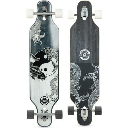 The Madd Gear Drop Through Longboard is the biggest of our skateboard collection coming in at 38 long and 9 wide. Perfect for cruising to class, to school, to the skatepark, to around your neighborhood. The Drop Thru Longboard is complete with sick graphics which coordinate with the top of the deck, so everyone can see! 70 mm wheels, ABEC-7 Bearings and 7 HD Raw Aluminum trucks, this is our smoothest cruising board yet! Size: One Size.  Color: Black. Long Board Designs Paint, Long Board Designs, Longboard Deck Art, Skateboard Collection, Drop Through Longboard, Skateboard Designs, Long Skate, Skateboard Gear, Cruiser Boards