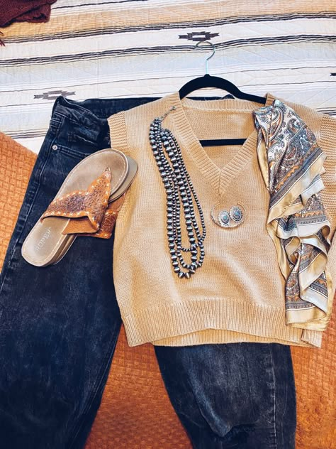 Sweater, neutral, wild rag, sandals, jeans, neutral South Western Outfits, Ffa Teacher Outfits, Womens Wild Rag Outfits, Sweater Vest Western Outfit, Cowgirl Business Casual, Western Cottagecore Outfits, Punchy Outfits Fall, Western Professional Attire, Stockshow Outfits