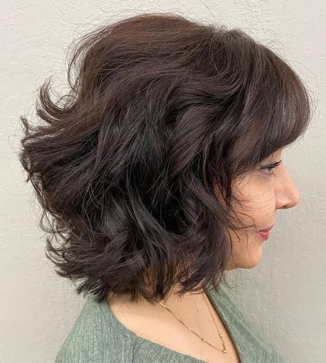 Stacked Wavy Bob with Bangs Bob With Bangs Thick Hair, Wavy Bob With Bangs, Thick Bob Haircut, Haircuts For Thick Wavy Hair, Medium Curly Bob, Bangs Thick Hair, Bob Hairstyle Ideas, White Blonde Highlights, Medium Shaggy Hairstyles