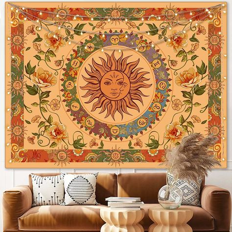 Indie Tapestry, Tapestry For Bedroom, Sun And Moon Tapestry, Boho Orange, Dorm Living Room, Moon Tapestry, Living Room Orange, Living Room Dorm, Dorm Living