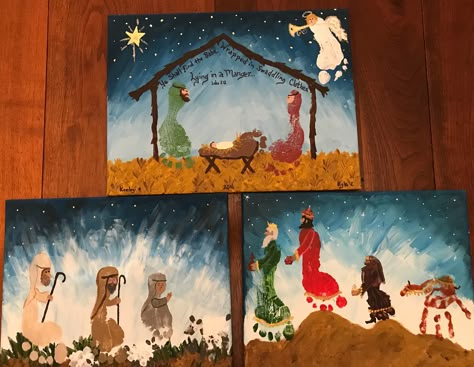 Handprint Manger Scene, Footprint Manger Scene, Footprint Nativity Scene, Nativity Footprint Art, Foot Print Art, Christmas School Crafts, Handprint Ideas, Kindergarten Christmas Crafts, Children's Church Crafts