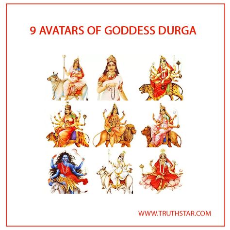 Navratri’s each night is dedicated to one form of Goddess Durga. That is every ratri of the Navratri corresponds to worship of different forms of Maa Durga. 9 Avatars Of Goddess Durga, Durga Navratri, Goddess Durga, Maa Durga, Durga Maa, Durga Goddess, Worship, Avatar, Spirituality