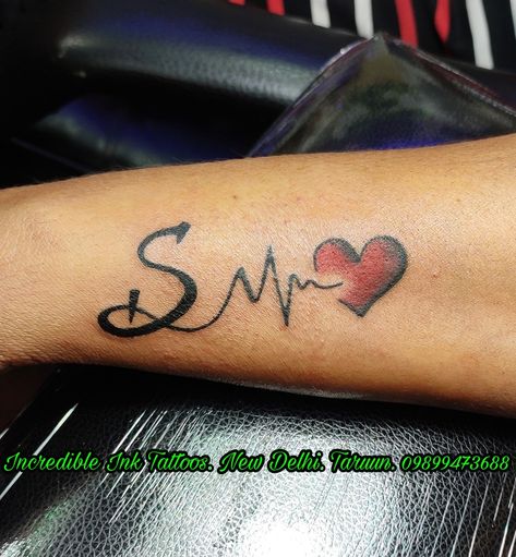 #S #Letter #HeartBeat #Tattoo #Initial S letter initial Tattoo #Call#whatsapp #Call#09899473688 Initial S Tattoo Ideas, S Tattoo Letter Initial With Heart, Heartbeat Tattoo Ideas With Name, S Tattoo Letter Initial, S Name Tattoo, S Tattoo Letter Design, S Letter Tattoo, Letter Tattoos On Hand, Luke Tattoo