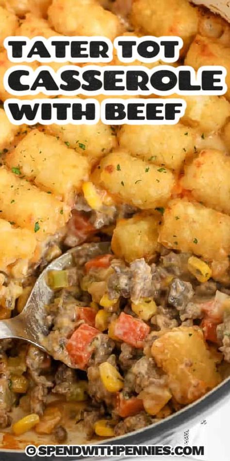 Cream of mushroom soup makes a tasty sauce for this tater tot casserole recipe. Make it in the oven, or adapt it for the Crockpot or slow cooker. Any way you make it, it’s always a good option for dinner! #spendwithpennies #tatertotcasserole #groundbeef #recipe Tater Tot Casserole With Ground Beef, Easy Mushroom Sauce, Easy Creamy Sauce, Cheesy Tater Tot Casserole, Easy Tater Tot Casserole, Easy Casserole Recipe, Tuna Casserole Easy, Tater Tot Recipes, Tater Tot Casserole Recipes