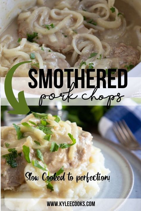 Smothered pork chops are tender & juicy, covered in a flavorful sauce. Slow-cooked while you do other things. A great family dinner! #crockpot #pork #dinner #kyleecooks Pork Chops Crockpot, Smothered Pork Chops Crock Pot, Easy Crockpot Pork Chops, Dinner Crockpot, Pork Chop Recipes Crockpot, Pork Chops And Gravy, Smothered Pork, Recipes Pork, Foil Packs