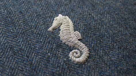 Sea Horse Embroidery, Bouillon Stitch, Embroidered Seahorse, Bullion Embroidery, Embroider Ideas, Portfolio Fashion, Gold Work Embroidery, Masculine Fashion, Zardozi Embroidery