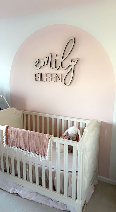 Beautiful pink arch nursery accent wall with wooden mame sign from Mod Wood Co 30" size emily- lavender font, natural stain EILEEN- daffodil font, natural stain Arch Nursery, Nursery Accent Wall, Wooden Nursery, Name Wall Decor, Personalized Nursery Decor, Baby Room Themes, Toddler Girl Room, Nursery Name Sign