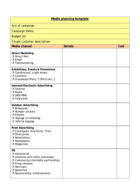 Media planning template Aim of campaign: Campaign dates: Budget (£): Target customer description: Media channel Details Cost Direct Marketing Direct Mail Email… Campaign Planning Template, Digital Marketing Plan Template, Social Media Strategy Plan, Outdoor Advertising Billboard, Facebook Cover Photo Template, Content Infographic, Social Media Strategy Template, Process Infographic, Marketing Plan Template