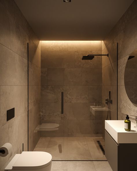 Square Bathroom Ideas Interior Design, Modern Bathroom Design Colorful, Bathroom Ideas Square Room, Stone Colored Bathroom, Natural Colors Bathroom, Private Bathroom Ideas, Small Square Bathroom Design, Natural Stone Bathrooms, Toilet In Shower Area